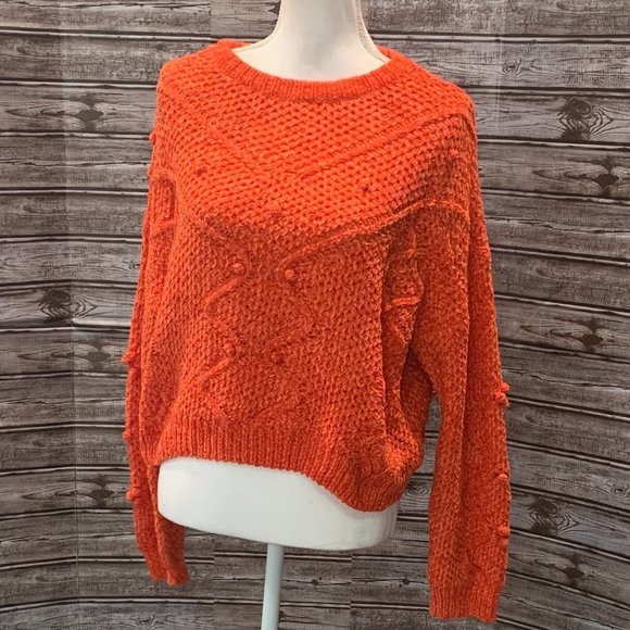 LUSHWomen's Orange PomPom Crewneck Pullover Sweater NWOT - Picture 3 of 5
